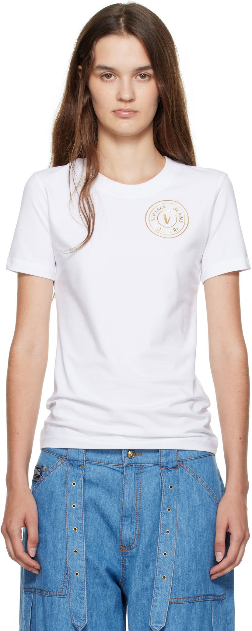 Majica kratkih rukava Versace Versace Jeans Couture Jersey Stretch T-Shirt Bijela | E79HAHT01_ECJ03T