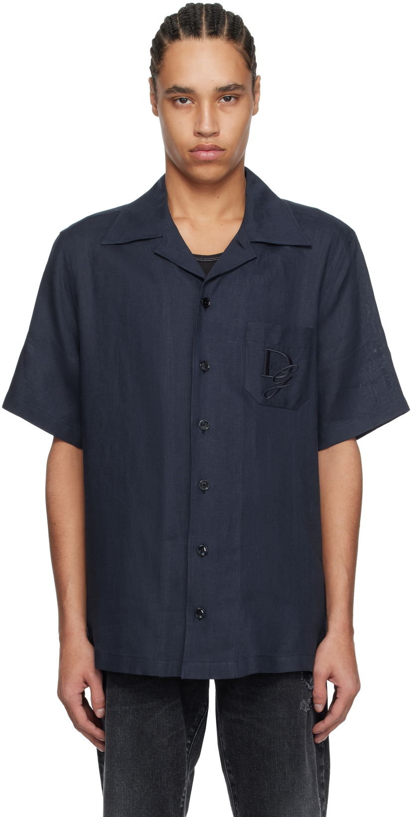 Košulja Dolce & Gabbana Dolce&Gabbana Logo Embroidered Linen Resort Shirt Tamnoplava | G5JH9ZFU4LG