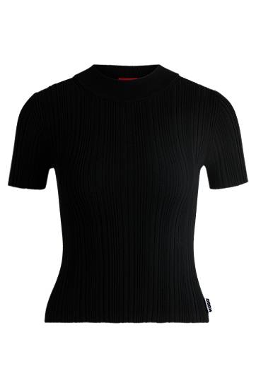 Džemper BOSS Ribbed Knit Mock Neck T-Shirt Crna | 50514269