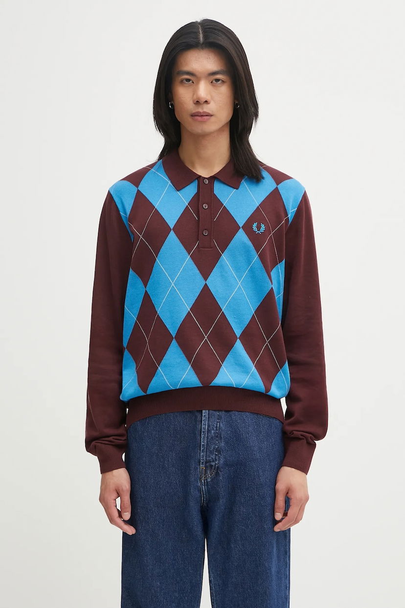 Polo majica Fred Perry Fred Perry Argyle Knitted Long Sleeve Polo Smeđa | K1318