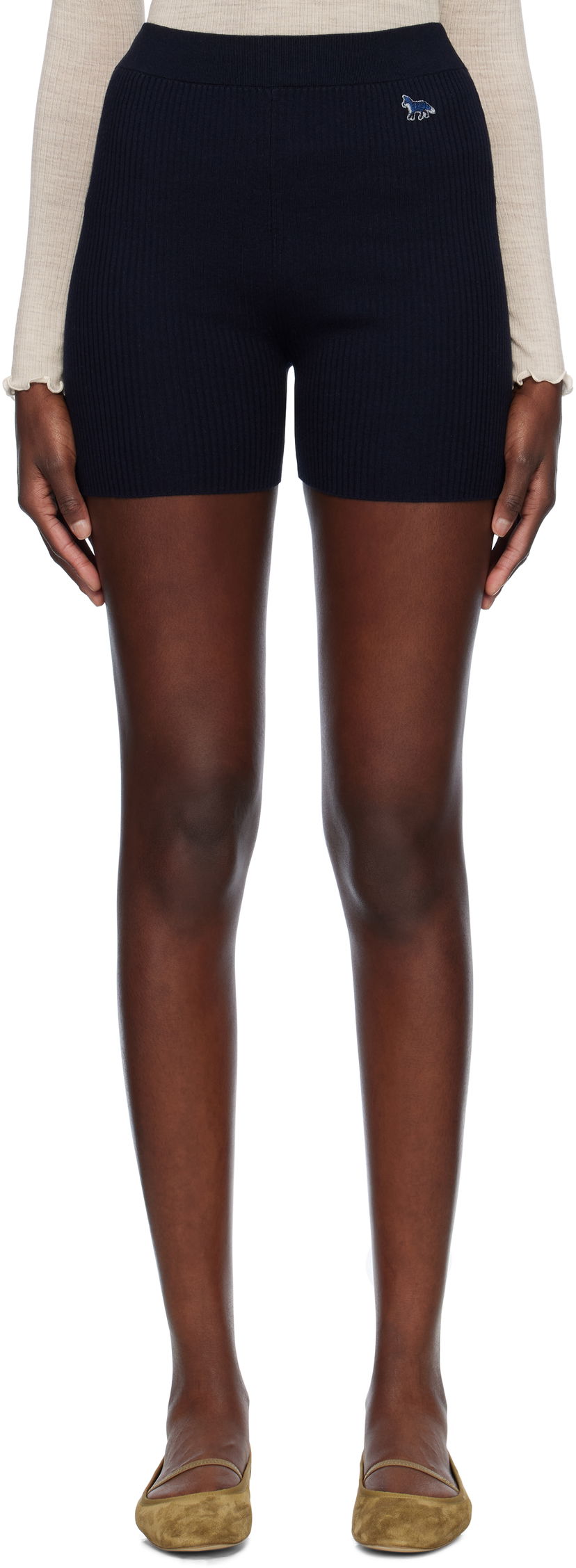 Kratke hlače MAISON KITSUNÉ Maison Kitsuné Baby Fox Patch Fine Ribbed Shorts Tamnoplava | OW01116KT1091
