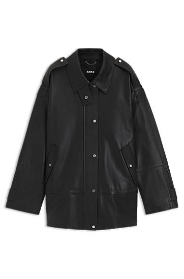 Jakna BOSS Long-length biker jacket in leather Crna | 50544445