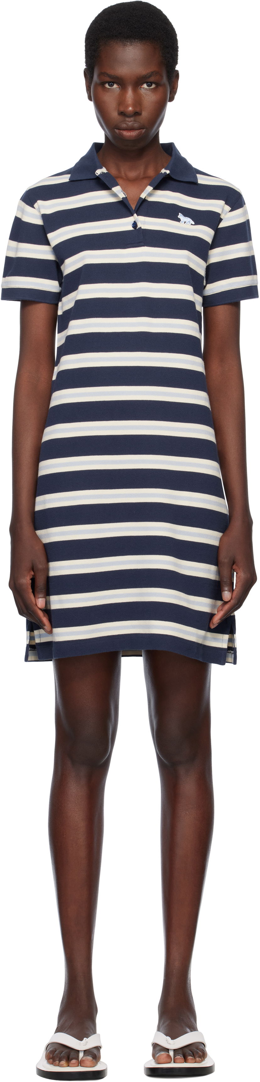 Haljina MAISON KITSUNÉ Maison Kitsuné Baby Fox Patch Striped Polo Dress Tamnoplava | OW01619KJ7010