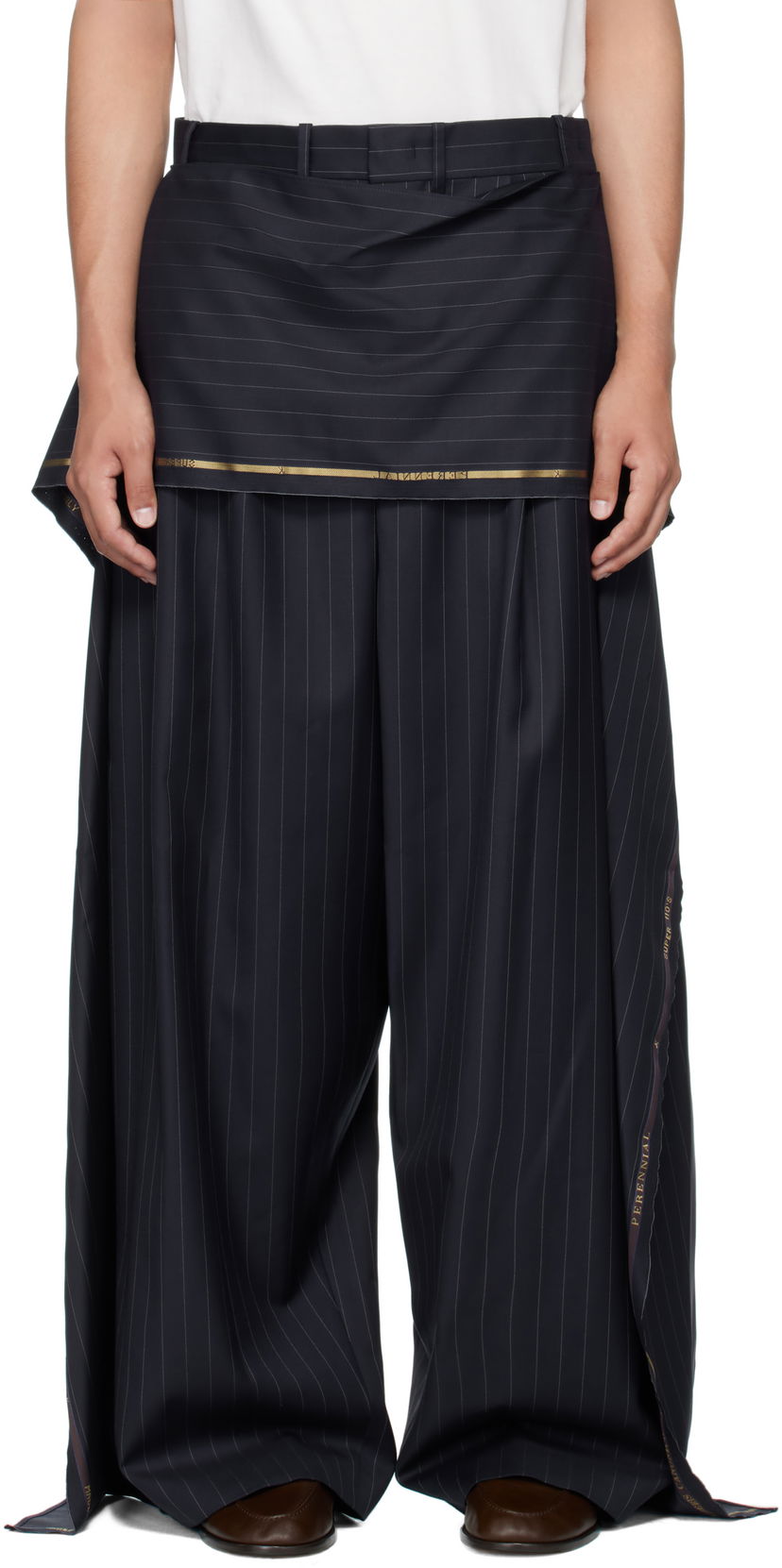 Hlače HED MAYNER Hed Mayner Pinstriped Wide-Leg Wool Suiting Trousers Tamnoplava | HMMB30039A-HB217