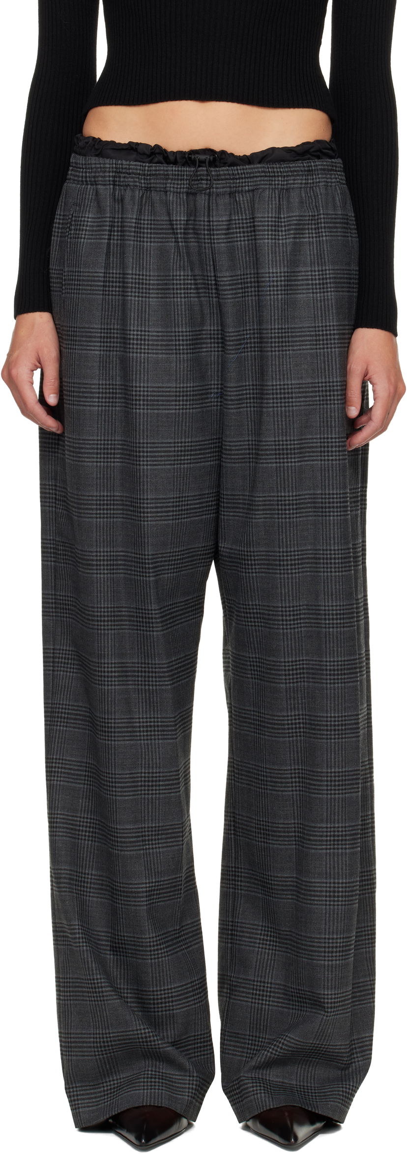 Hlače Diesel Plaid Wide-leg Drawstring Waist P-Yrite Trousers Siva | A18382 0DEBS