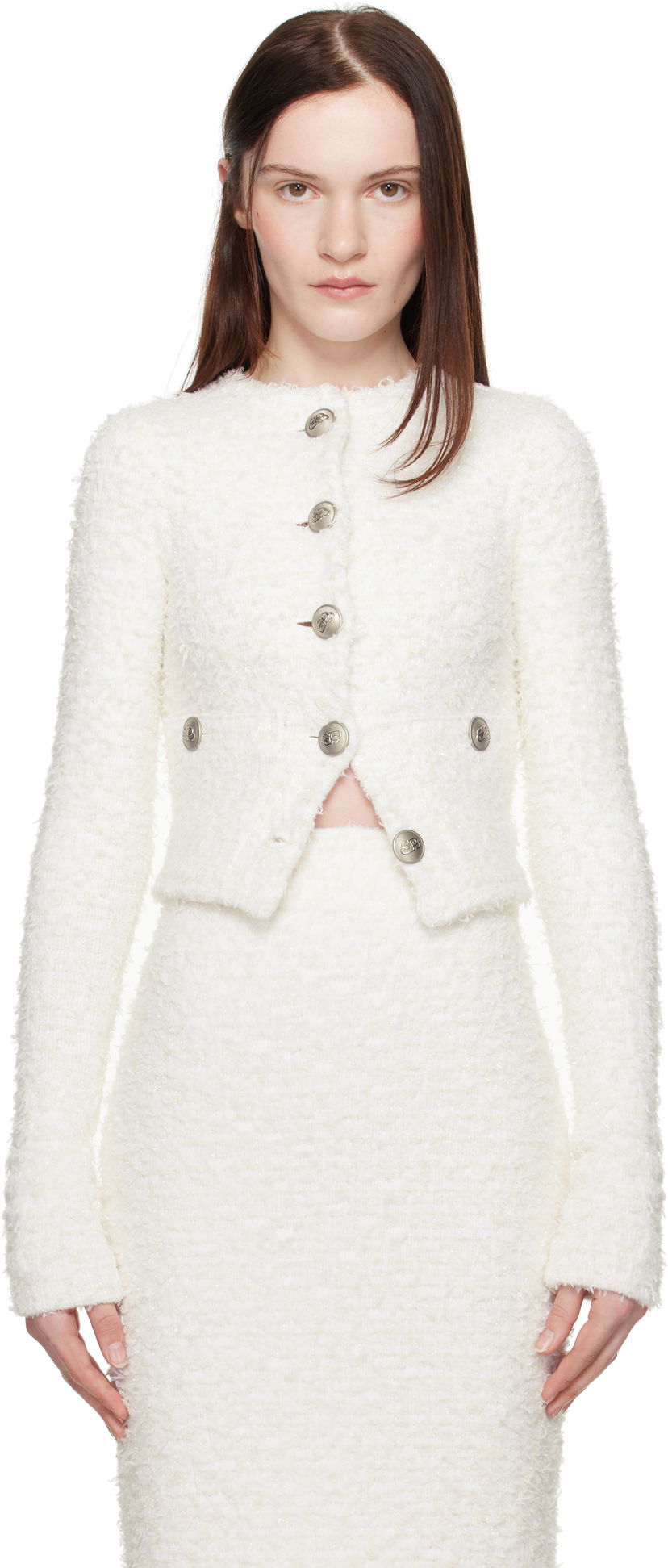 Suknja Balenciaga Balenciaga Cropped Bouclé Cardigan Bijela | 793604 T3328