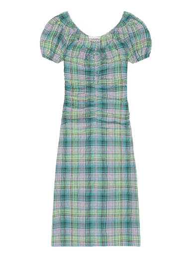 Haljina GANNI Seersucker Check Gathered Dress Tirkiz | F7654-759