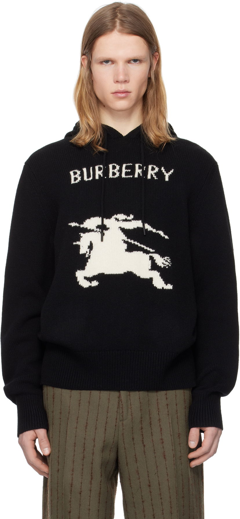 Džemper Burberry Intarsia Knight Logo Wool Cashmere Hoodie Crna | 8104522