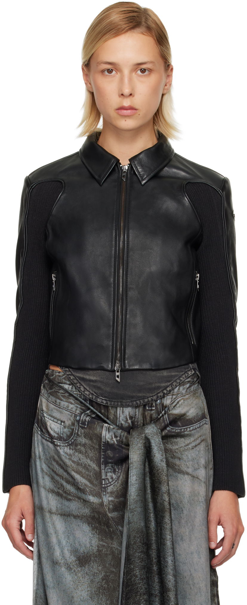 Jakna Diesel Leather Jacket with Ribbed Knit Sleeves Crna | A15373 0AJIR