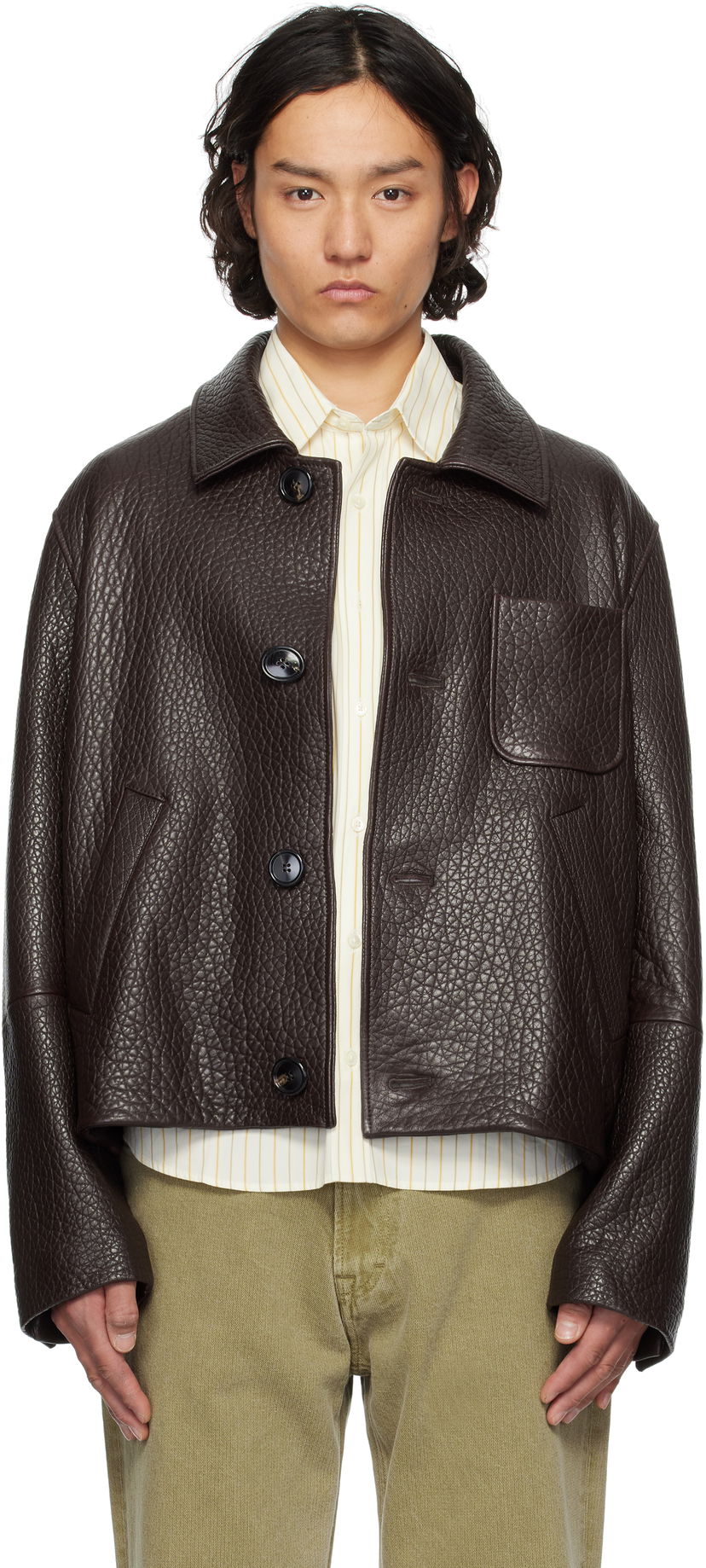 Jakna AMI AMI Paris Buttoned Leather Jacket Smeđa | UJK270.LH0050