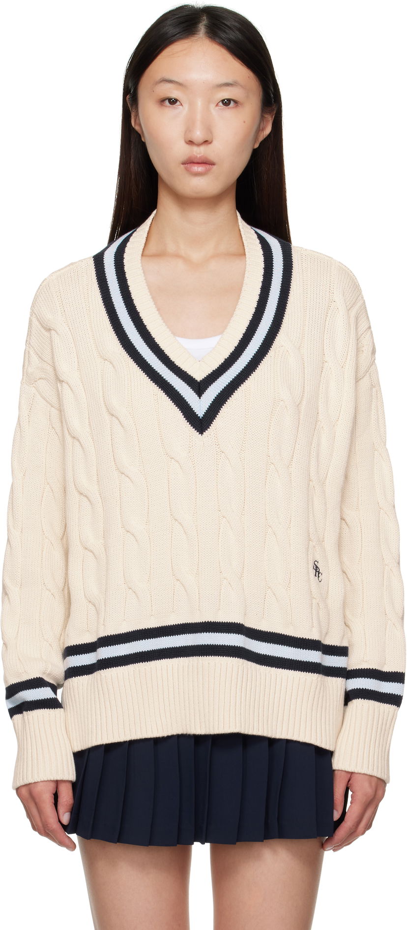 Džemper Sporty & Rich Sporty & Rich Cableknit V-Neck Sweater Bež | WS011602302WH38