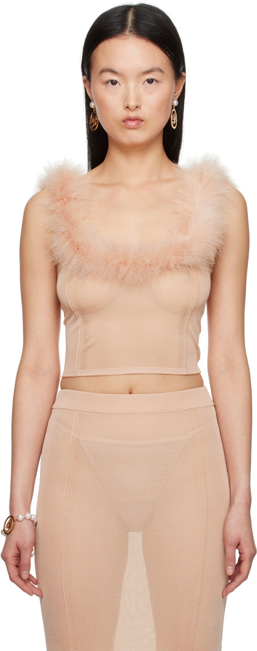 Majica bez rukava Blumarine Blumarine Knitted Feather Trim Top Bež | P522M559A