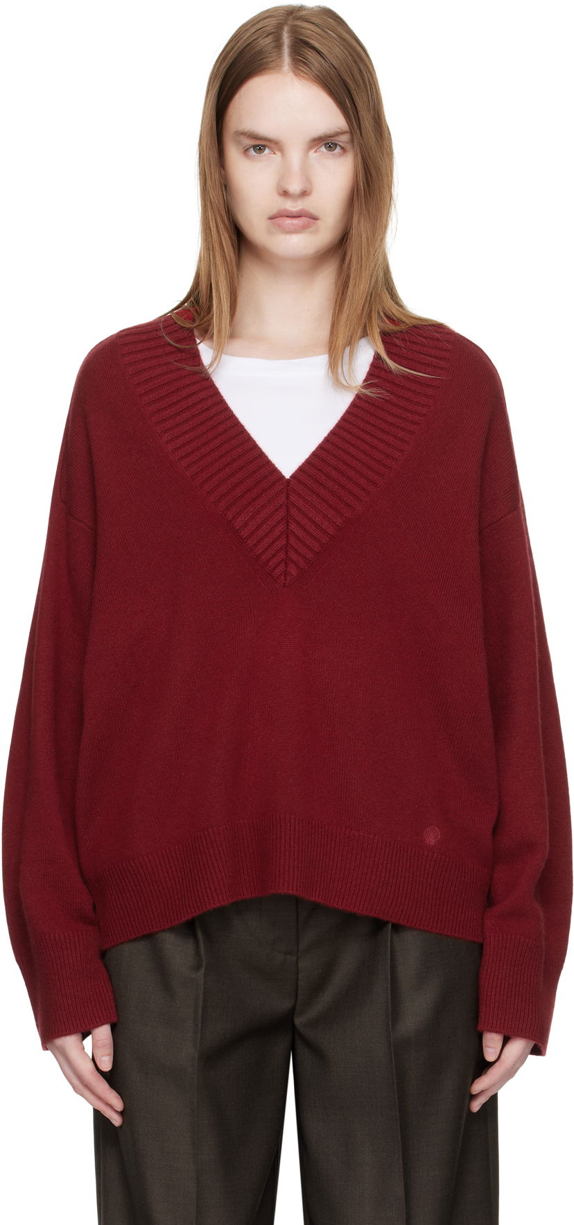 Džemper Loulou de Saison Loulou de Saison Sage LDS Cashmere V-Neck Sweater Tamnocrvena | SAGE LDS