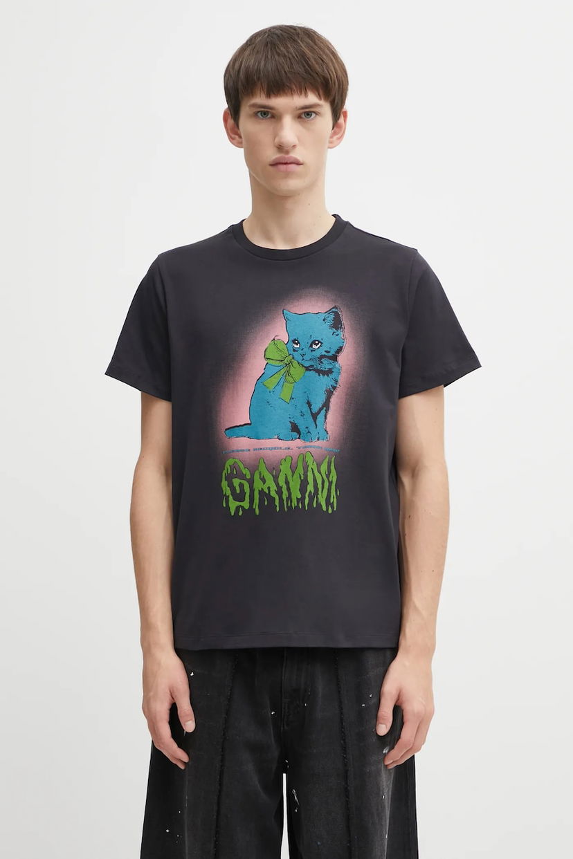 Majica kratkih rukava GANNI Basic Cotton Jersey Neon Kitty T-shirt Crna | T4340