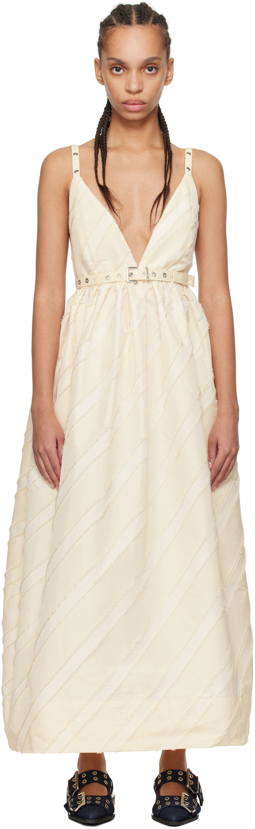 Haljina GANNI GANNI Stripe Strap Maxi Dress Bež | W0173