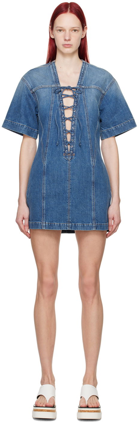 Haljina Stella McCartney Stella McCartney Lace-Up Denim Minidress Plava | 6D02603SPH72