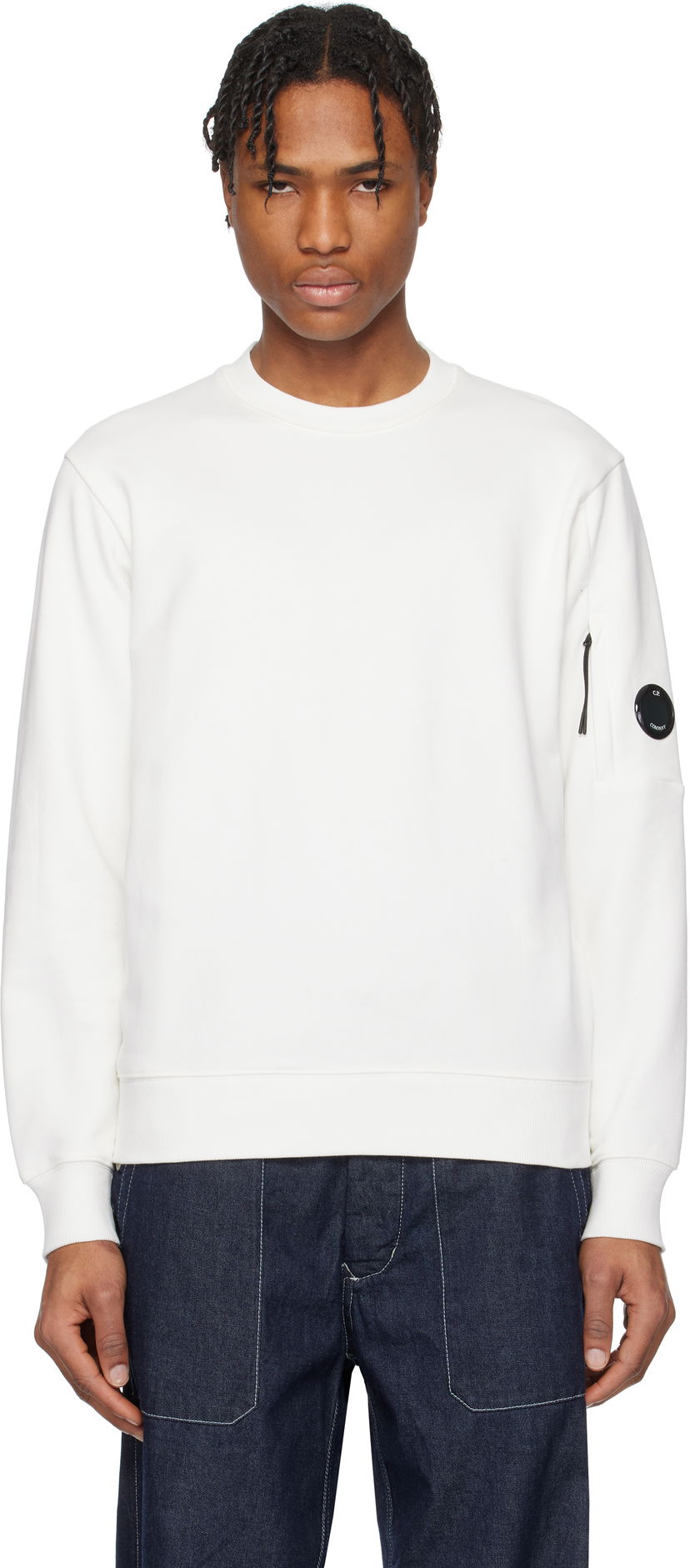 Džemper C.P. Company C.P. Company Diagonal Raised Fleece Crewneck Lens Sweatshirt Bijela | 18CMSS023A-005086W