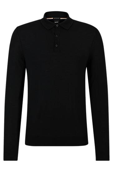 Polo majica BOSS Long-Sleeved Virgin Wool Polo Sweater Crna | 50476355