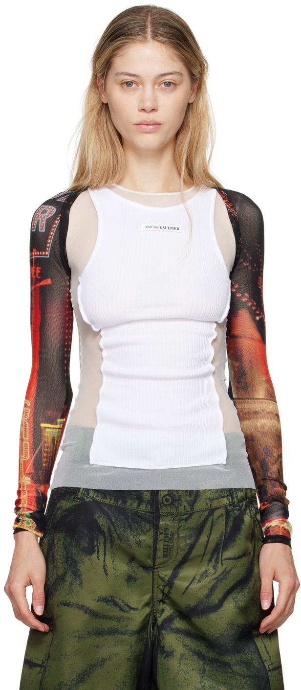 Majica bez rukava Jean Paul Gaultier Jean Paul Gaultier 'The Pigalle' Printed Mesh Sleeves Bijela | 24/30-F-TO207-T552-00301550