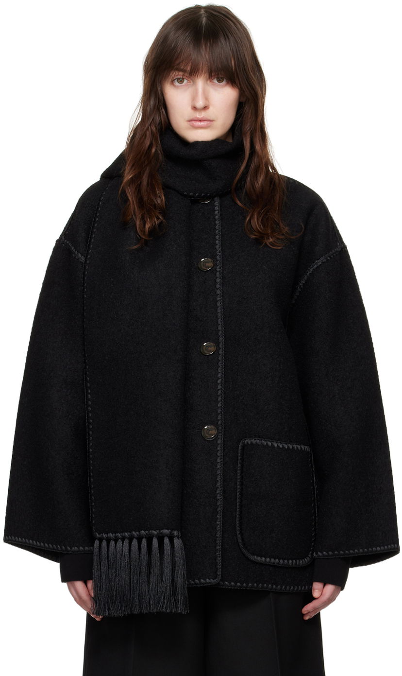 Jakna TOTEME TOTEME Embroidered Hooded Jacket with Fringed Scarf Crna | 224-1018-201