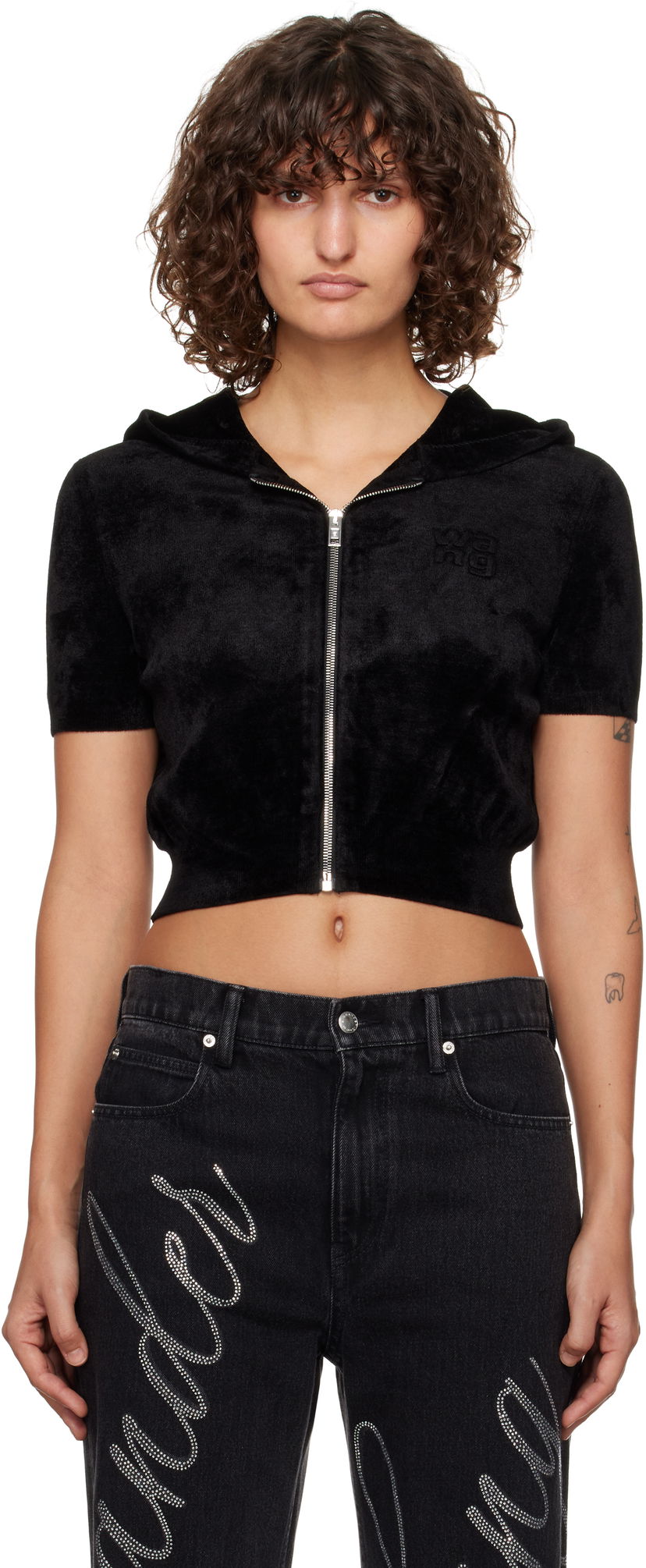 Dukserice Alexander Wang Alexander Wang.t Cropped Velour Zip-Up Hoodie Crna | 4KC4243003