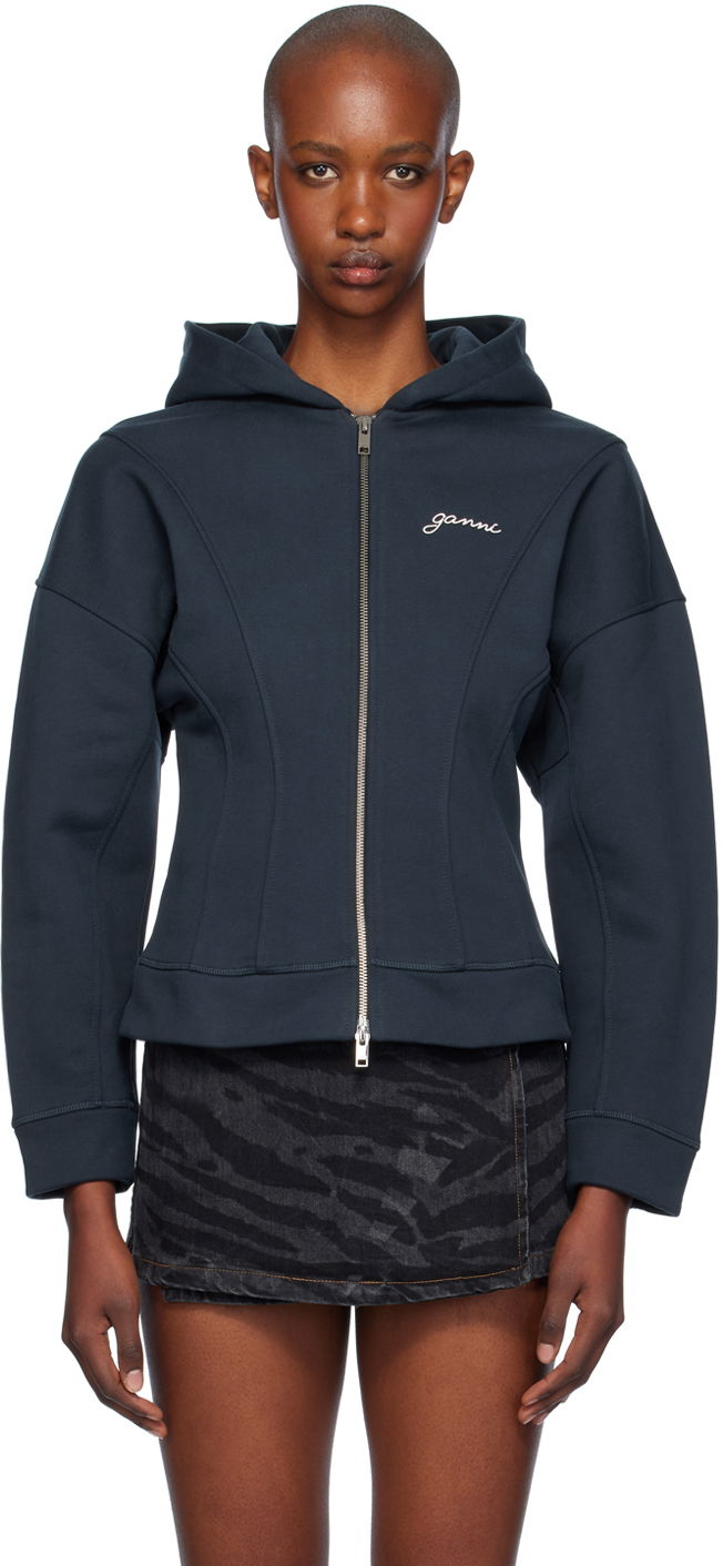 Dukserice GANNI Ganni Fleece Zip-Up Hoodie Tamnoplava | T4029