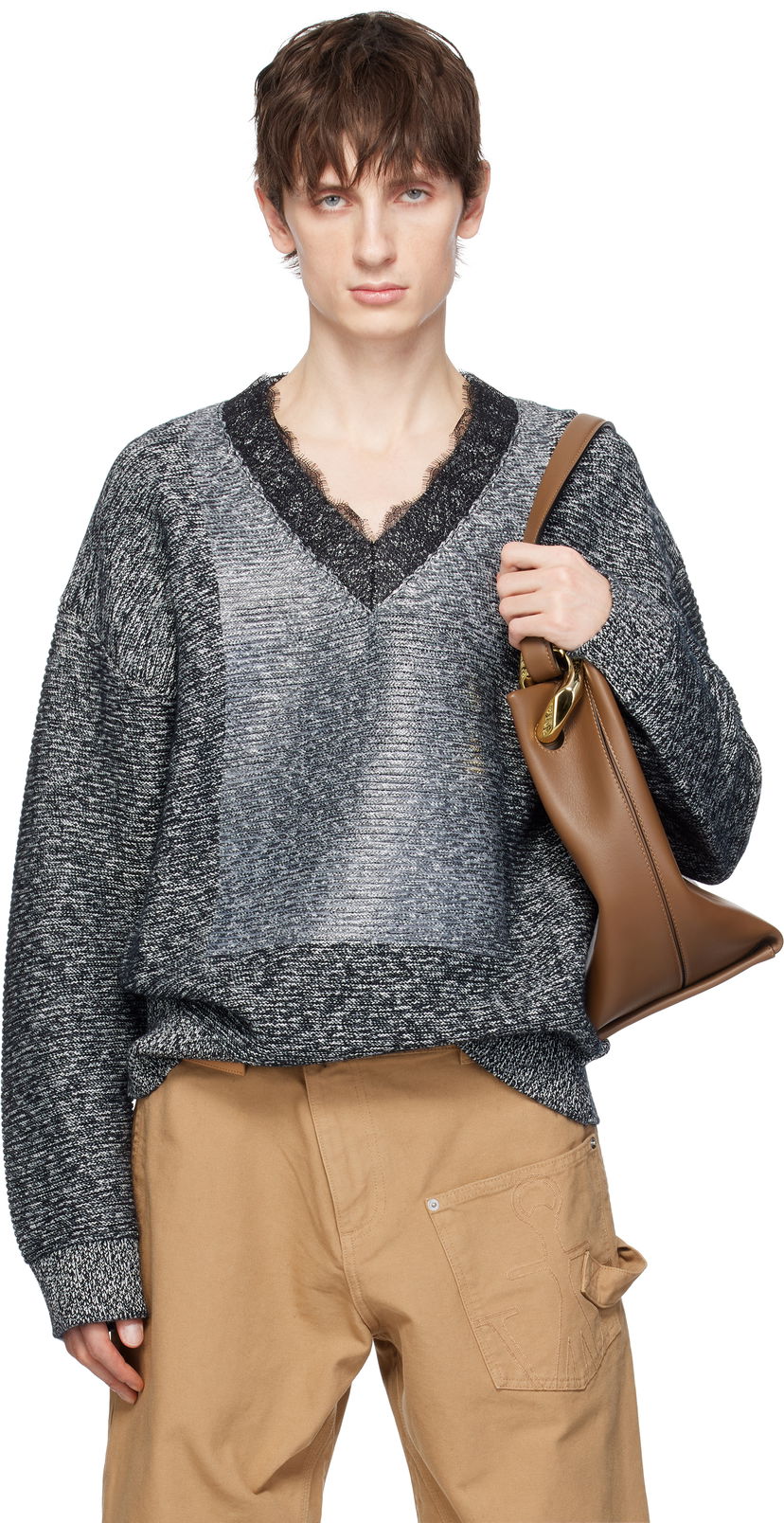 Džemper JW Anderson JW Anderson V-Neck Lace Trim Sweater Siva | KW1360-YN0402