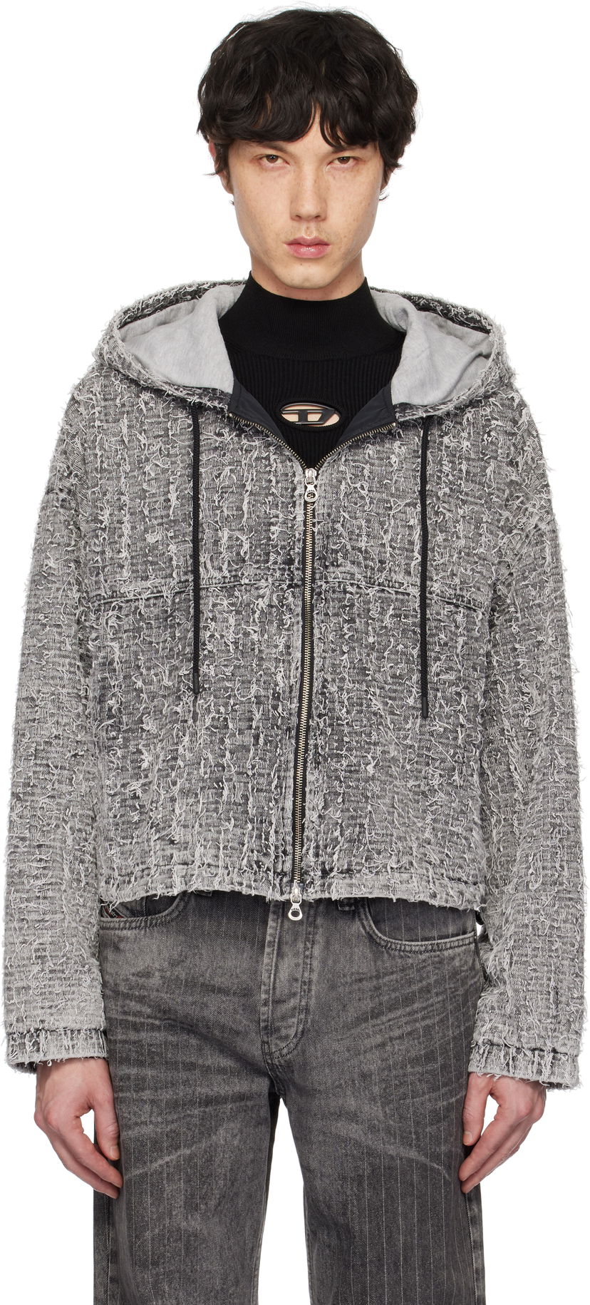 Dukserice Diesel Diesel De-Flow-S1 Frayed Denim Zip-Up Hoodie Siva | A16366-0ABCR-02