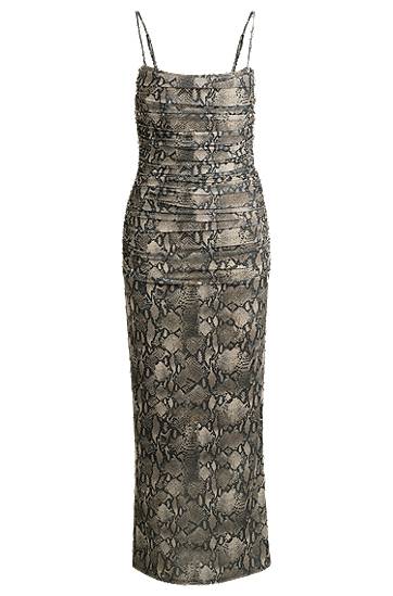 Haljina BOSS Snakeskin Print Ruched Mesh Corset Midi Dress Siva | 50540915