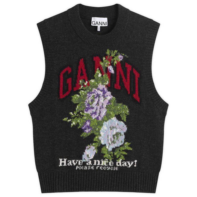 Prsluk GANNI GANNI Knitted Wool Vest with Floral Graphic Siva | K2596-252
