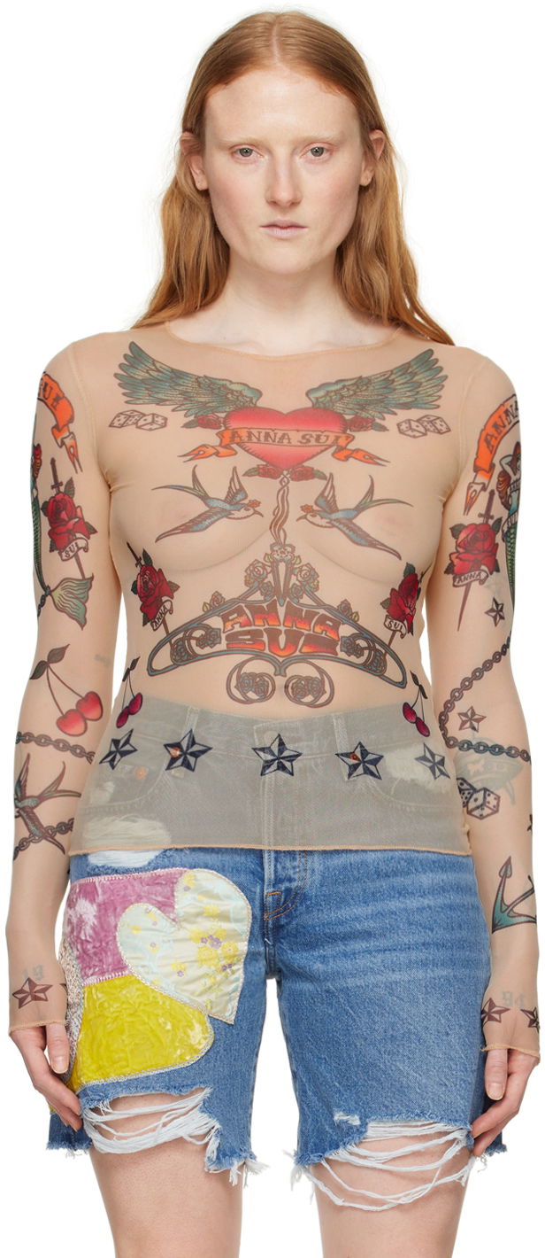 Majica kratkih rukava Anna Sui Anna Sui Tattoo Mesh Long Sleeve T-Shirt Bež | 224P21