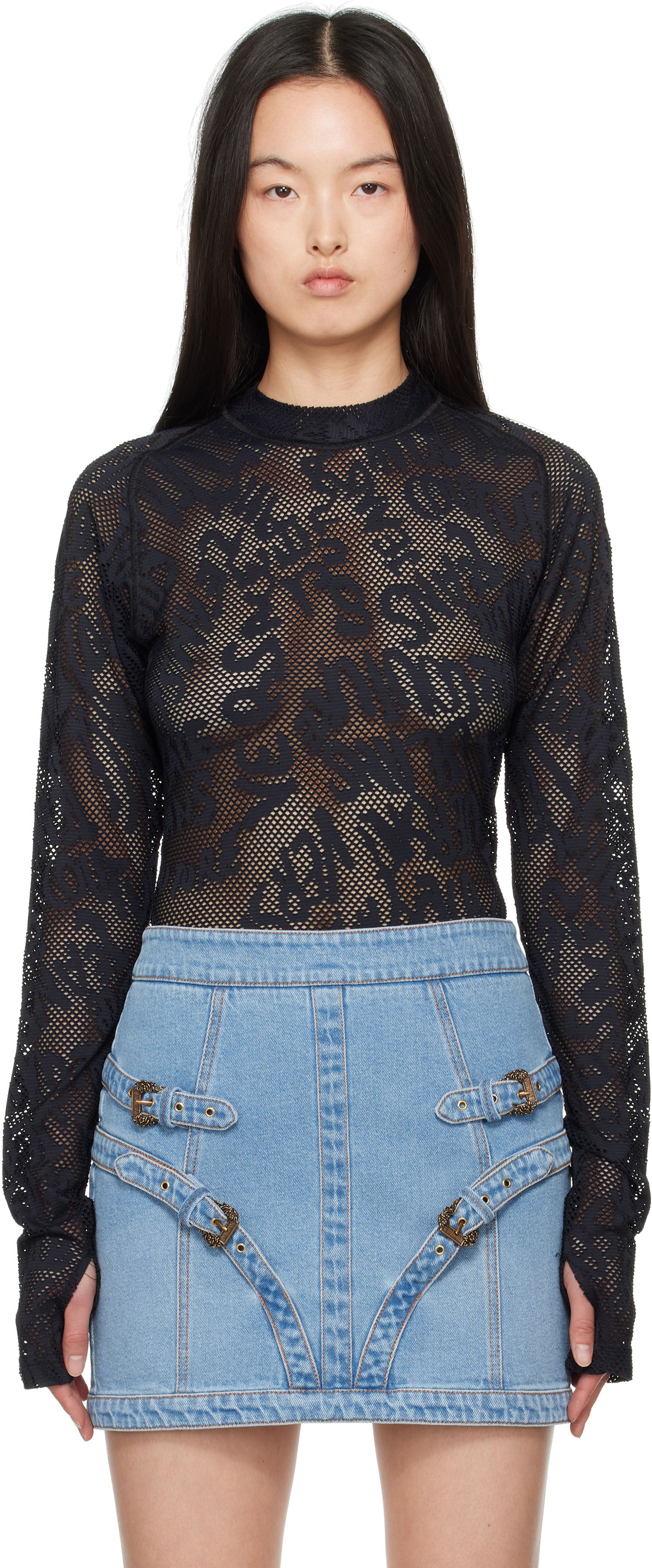 Džemper Versace Versace Jeans Couture Fishnet Long Sleeve T-Shirt Crna | E78GAH611_EJ0200, 0