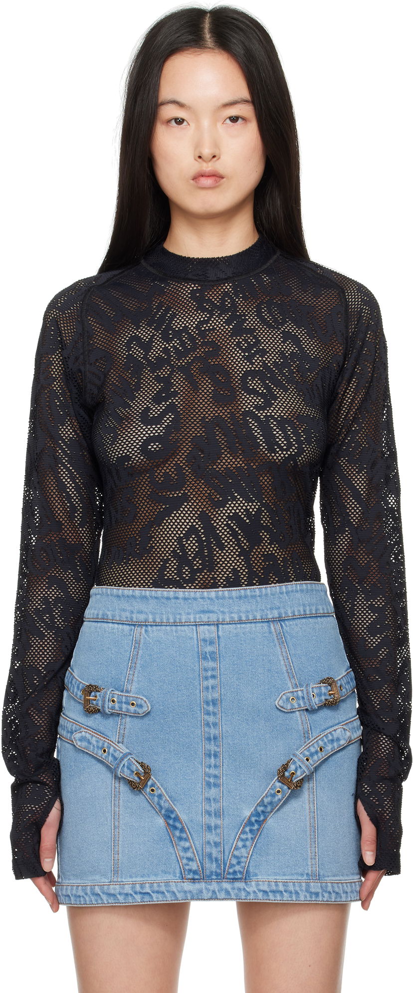 Džemper Versace Versace Jeans Couture Fishnet Long Sleeve T-Shirt Crna | E78GAH611_EJ0200