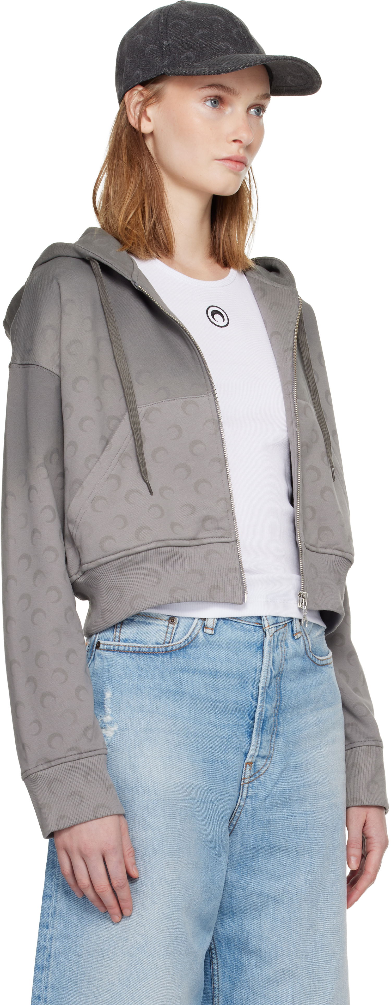 Dukserice Marine Serre Marine Serre Faded Moon Fleece Cropped Zipped Hoodie Siva | WST019ACJER0073, 1