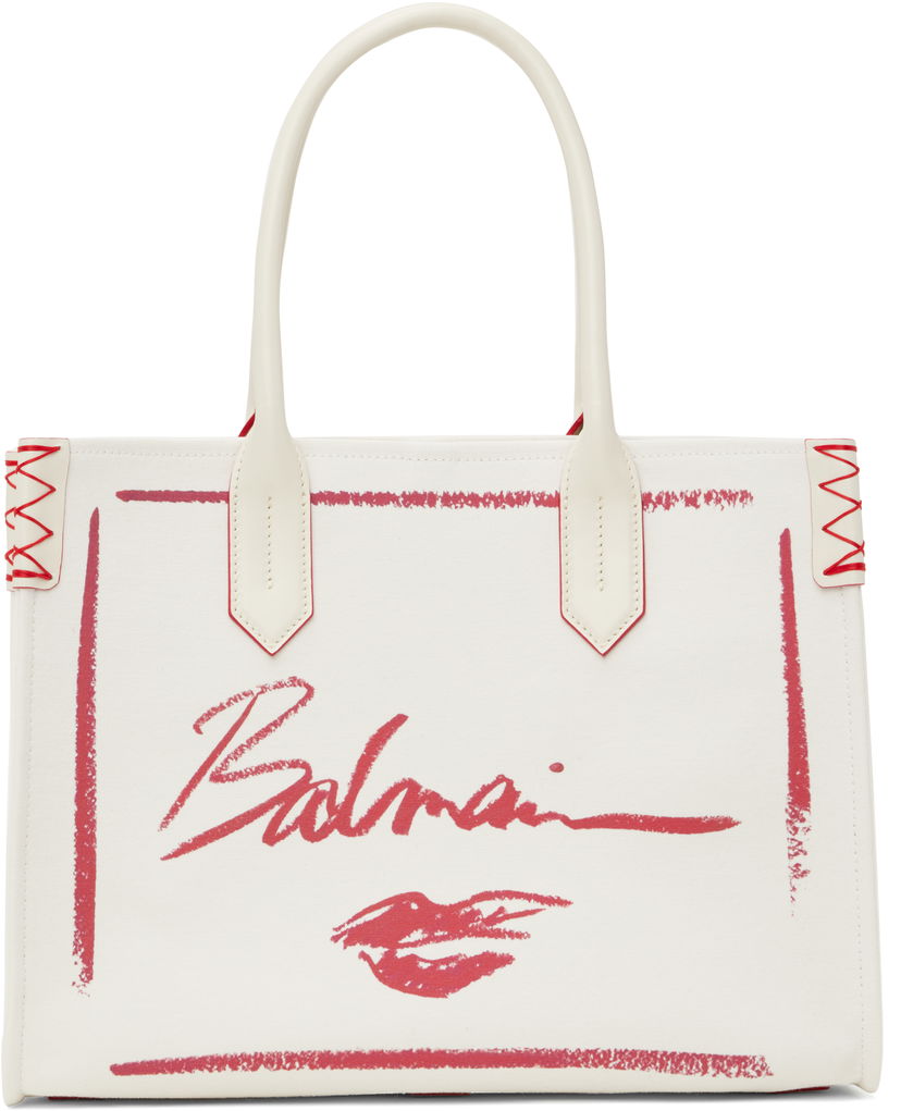 Tote bag Balmain Balmain B-Army Lipstick Print Tote Bag Bijela | EN0FF993TLIC