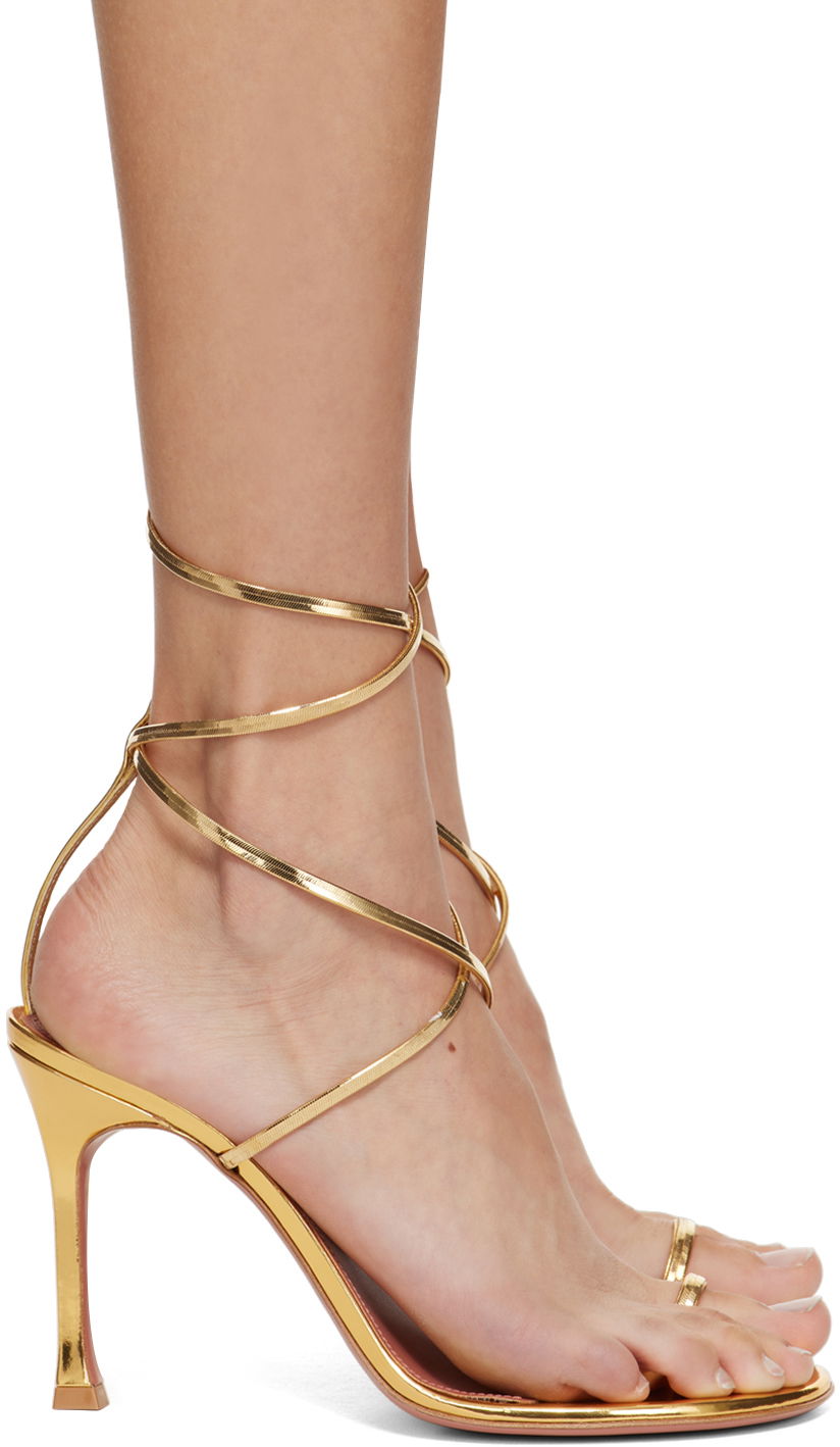 Dodaci Amina Muaddi Amina Muaddi Henson Thong Lace Up Heeled Sandals Metalik | HENSON THONG LACE UP SR MI
