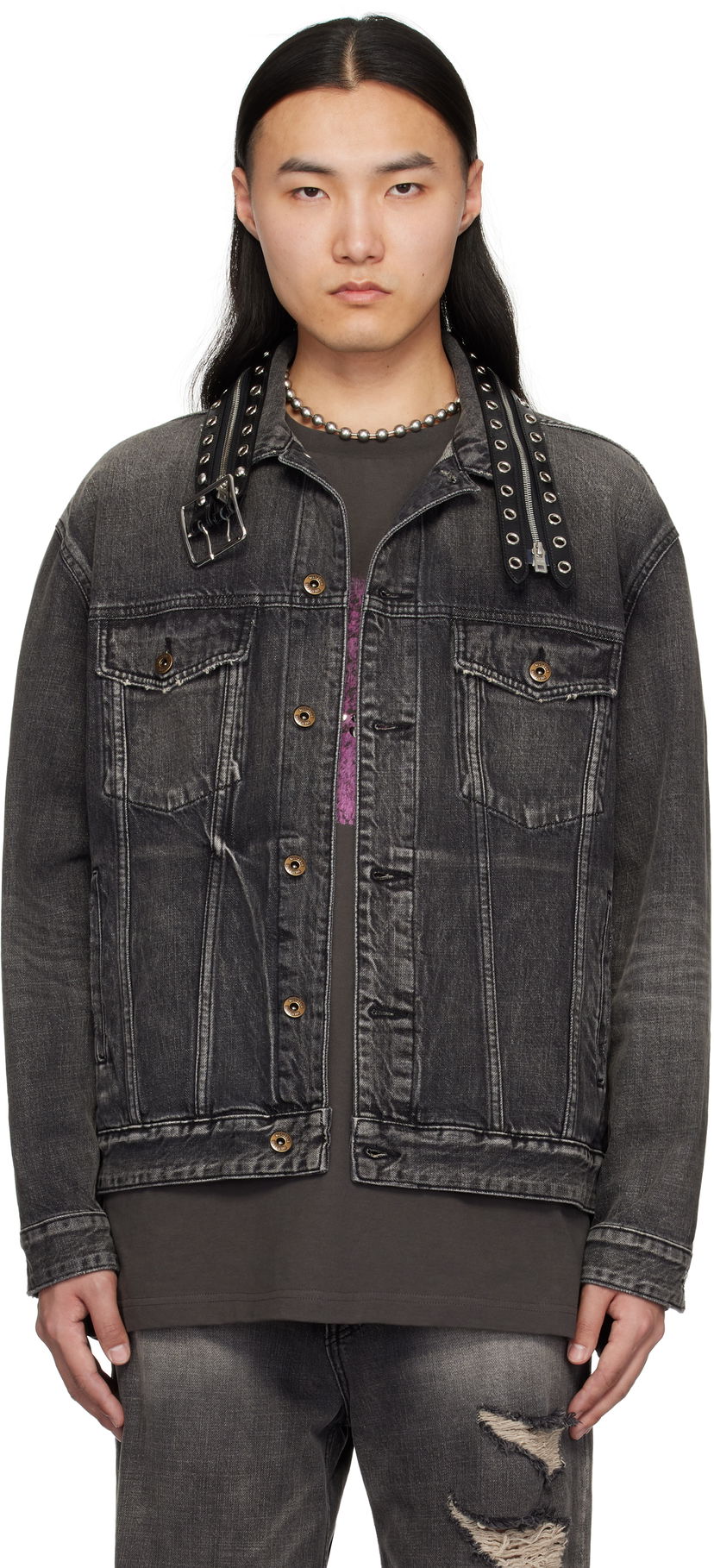 Jakna We11done We11done Belted Collar Denim Jacket Crna | WD-DJ0-25-315-U-BK