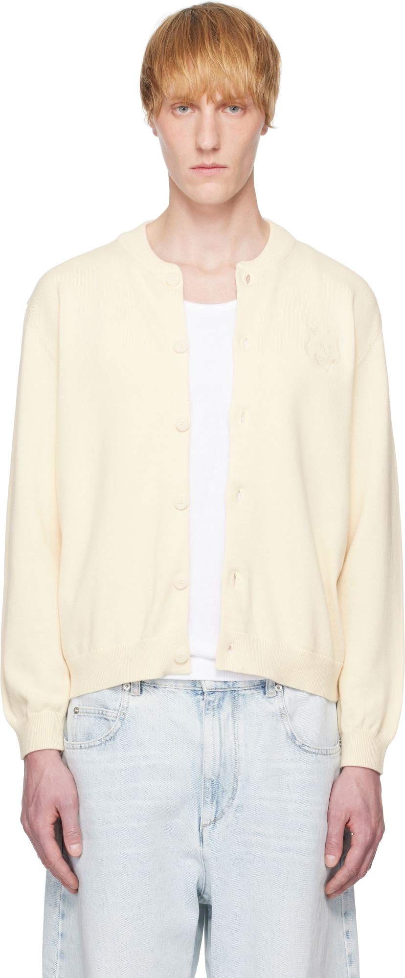 Džemper MAISON KITSUNÉ Maison Kitsuné Fox Head Embroidered Cardigan Žuta | OM02135KT1135