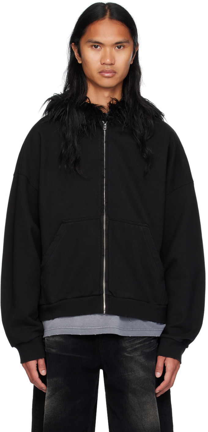 Dukserice We11done Faux Fur Trim Zip-Up Hoodie Crna | WD-TJ2-24-811-U-BK
