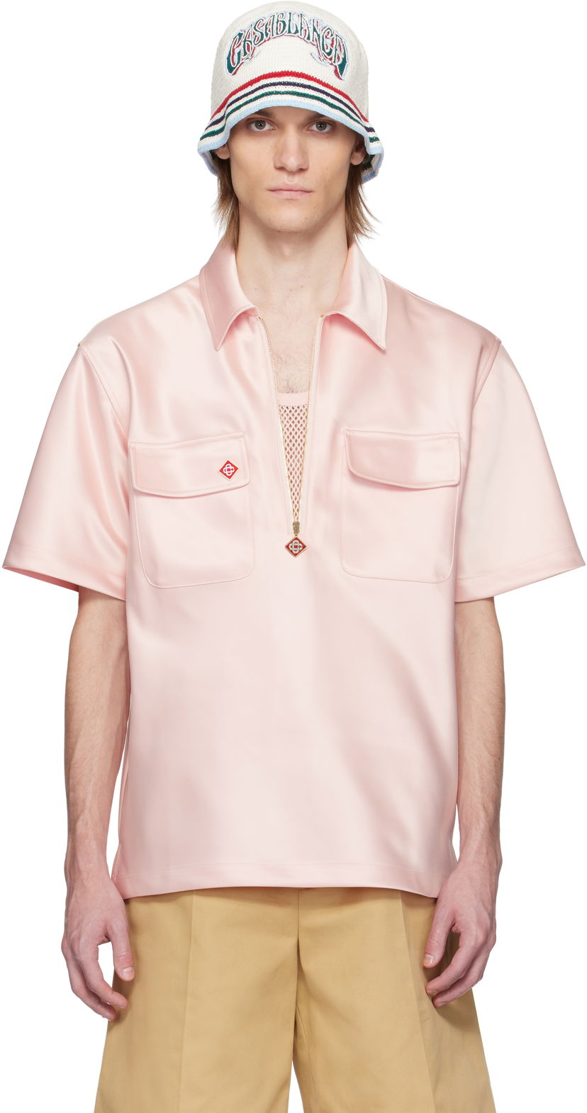 Polo majica Casablanca Casablanca Satin Quarter Zip Shirt Ružičasta | MS25-SH-154-02