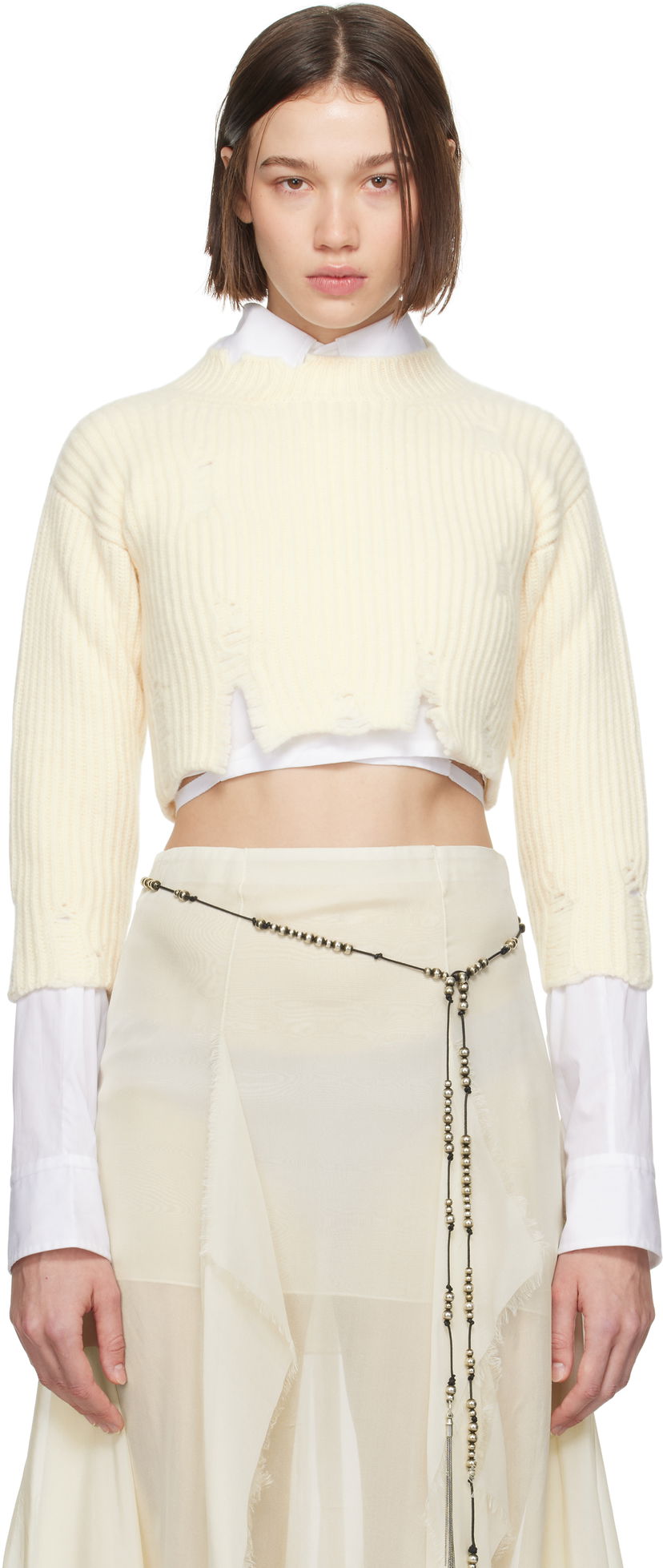 Džemper Ann Demeulemeester Cropped Distressed-Hem Sweater Bijela | 2402-W-KN30-KN048-003