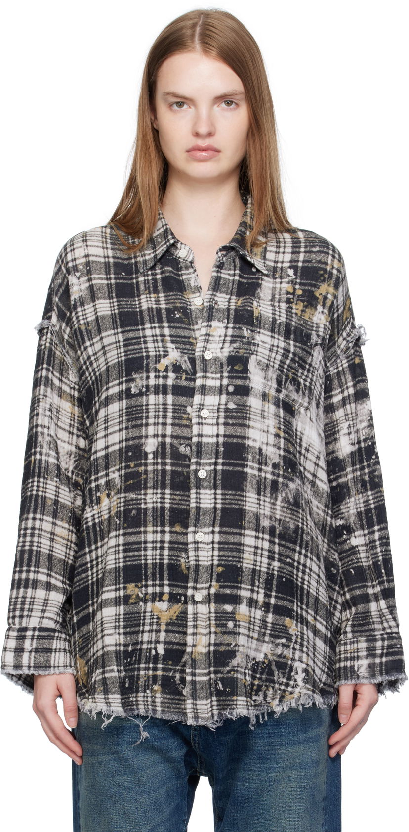 Košulja R13 R13 Shredded Seam Drop Neck Plaid Shirt Crna | R13WR075-R557B