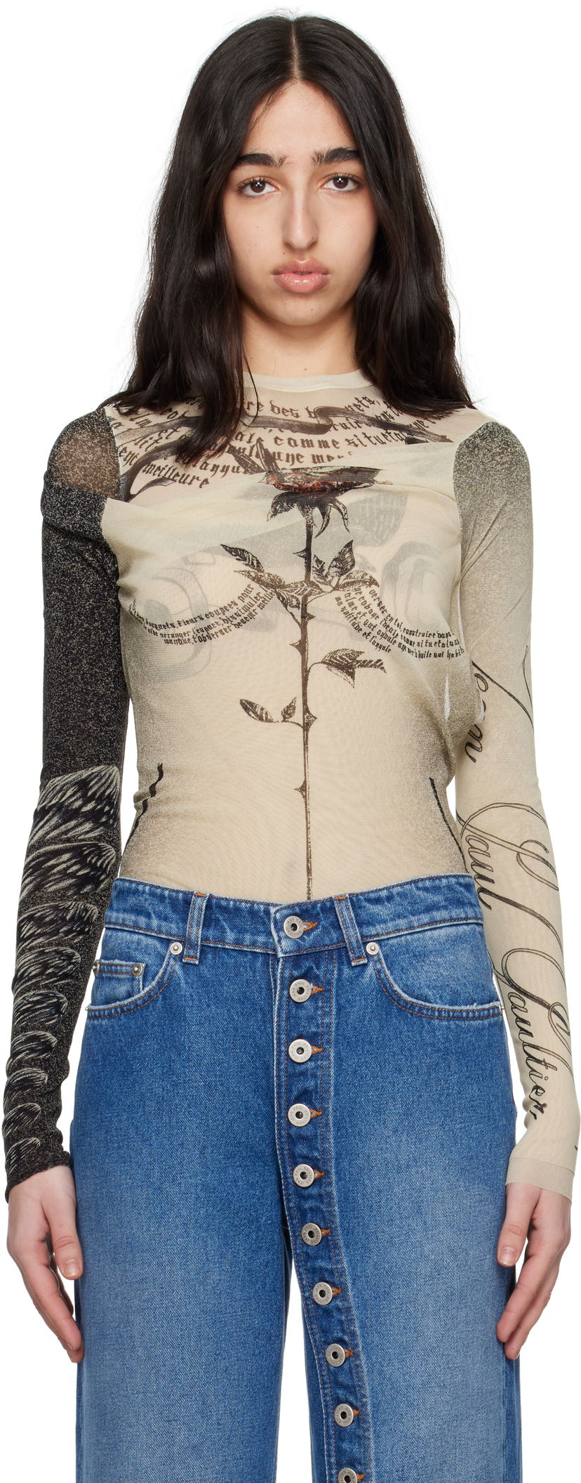 Majice i majice bez rukava Jean Paul Gaultier Jean Paul Gaultier 'The Tattoo Rose and Bird' Printed Mesh Bodysuit Bež | 25/34-F-BD066-T583-030030