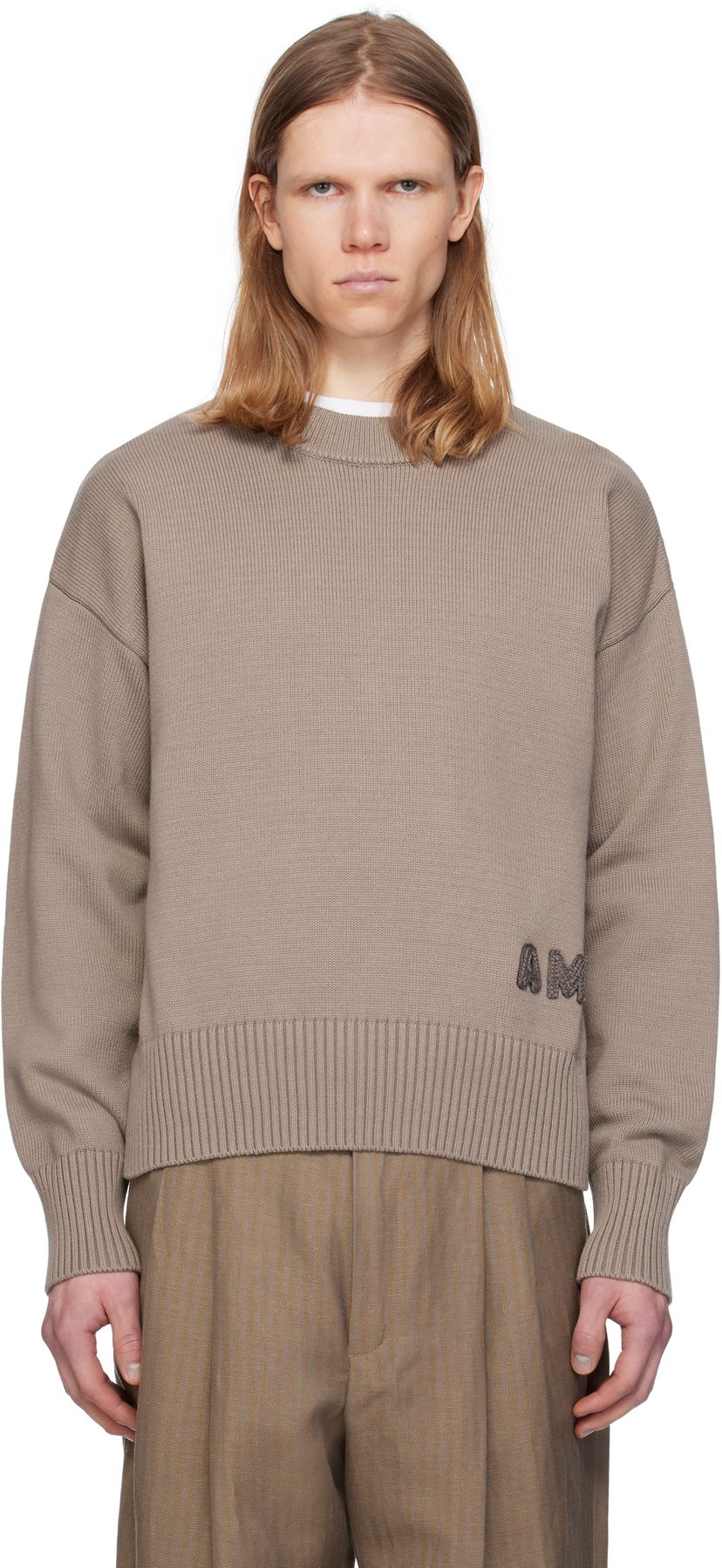 Džemper AMI AMI Paris Embroidered Crewneck Sweater Smeđa | HKS163.KN0063
