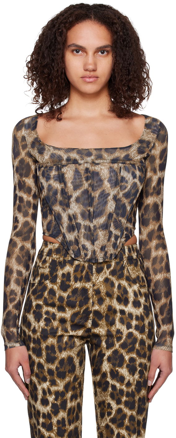 Crop top Miaou Miaou Leopard Maude Long Sleeve Corset Top Smeđa | 7065PM1NIK