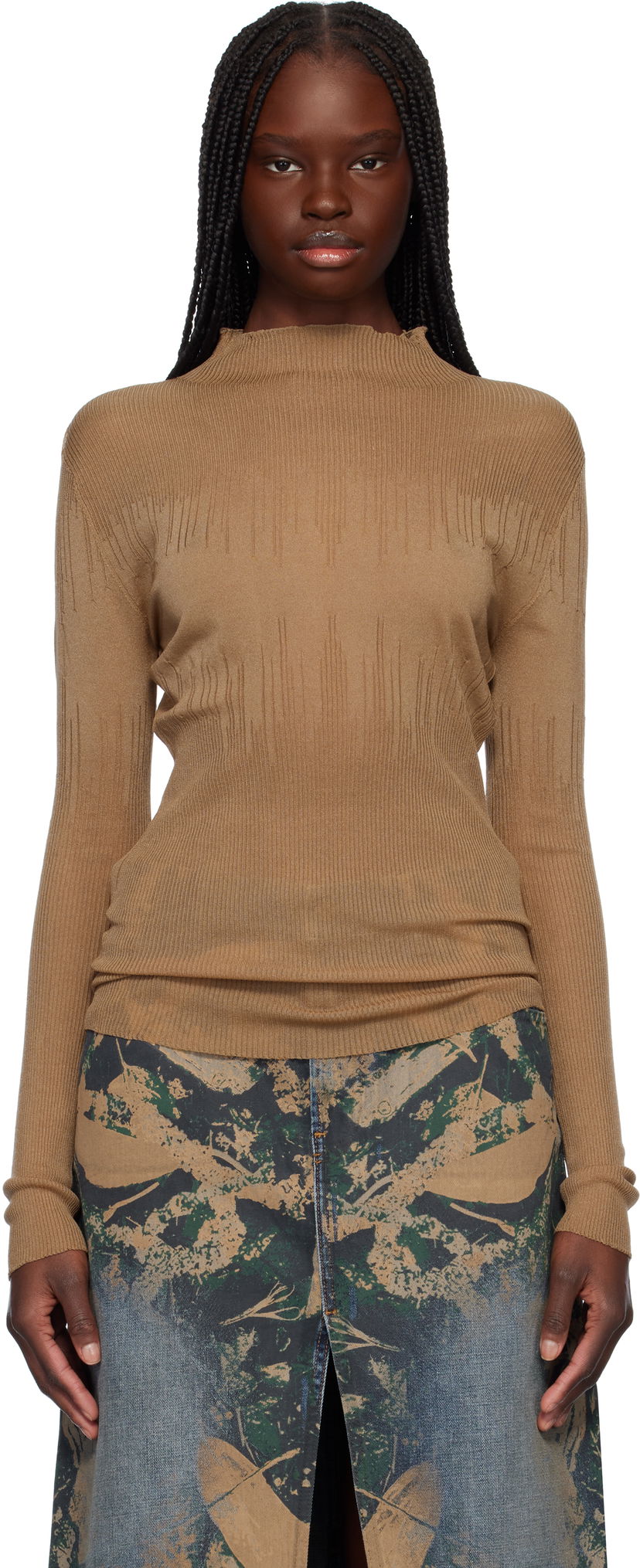 Džemper Feng Chen Wang Feng Chen Wang Transparent Ribbed Knit Sweater Smeđa | FUS19KT03