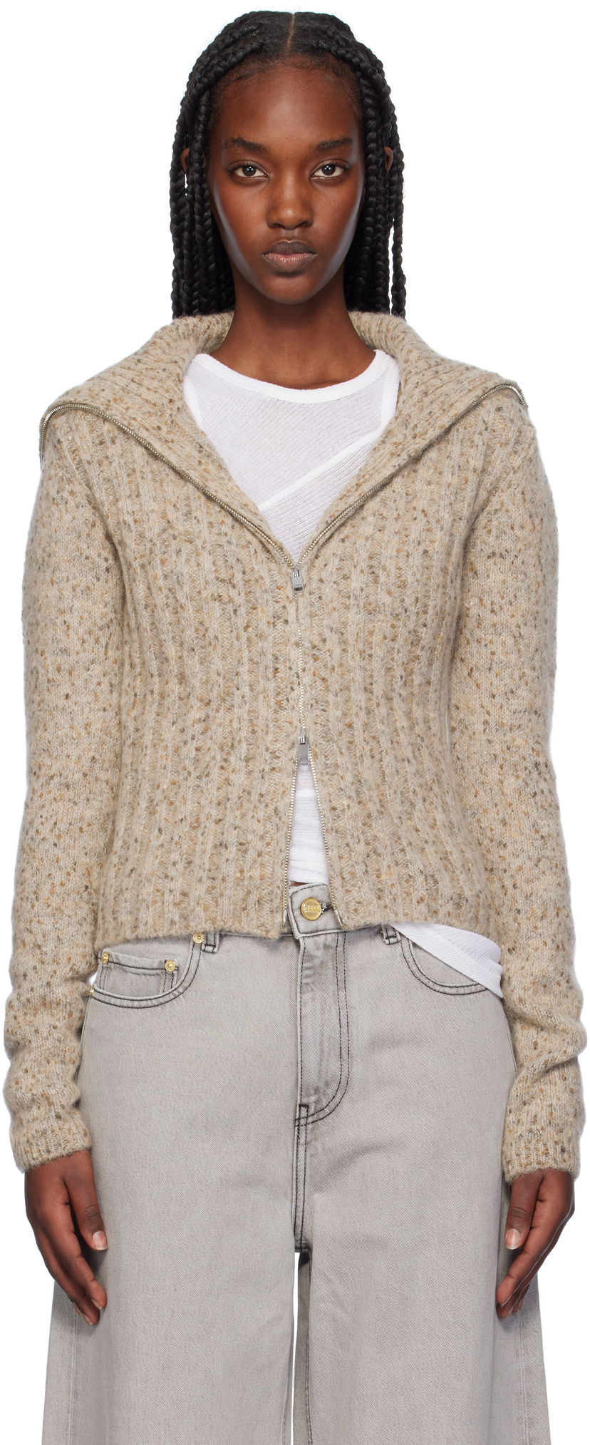 Džemper GANNI Highneck Zip Cardigan Bež | K2277