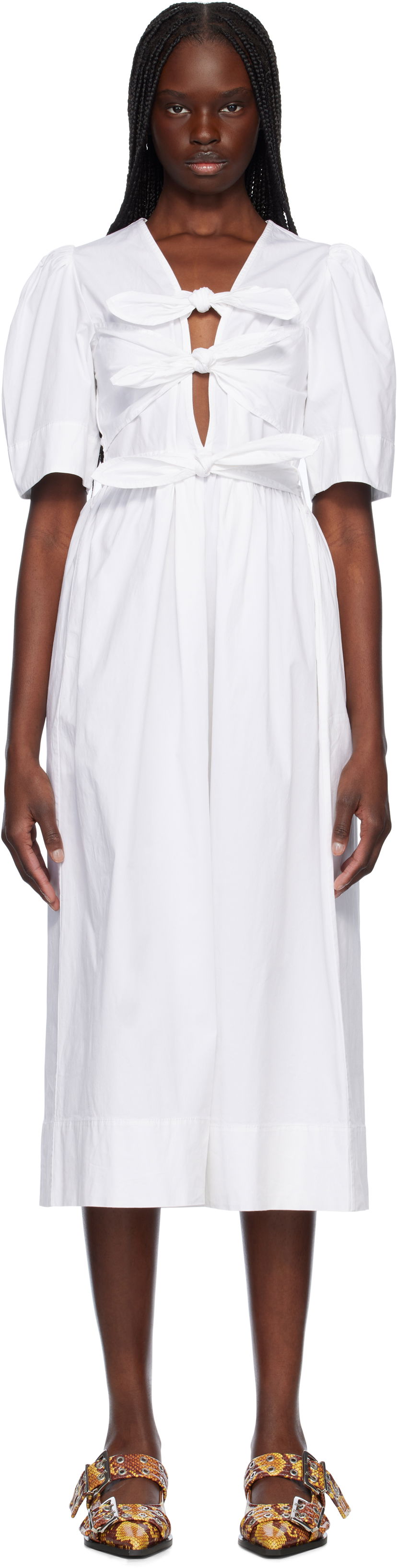 Haljina GANNI GANNI Stretch Cotton Tie Strap Midi Dress Bijela | W0306