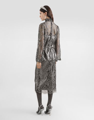 Košulja Dolce & Gabbana High-neck Long-sleeve Lamé Lace Top with Scalloped Hem, Collection Metalik | F7BD7TILMCFS0998, 2