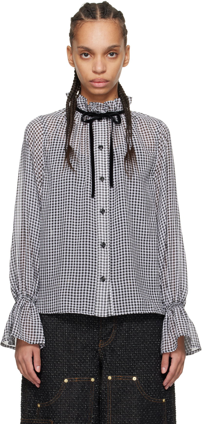 Košulja GANNI Ganni Sheer Check Tie-Neck Blouse Bijela | W0155